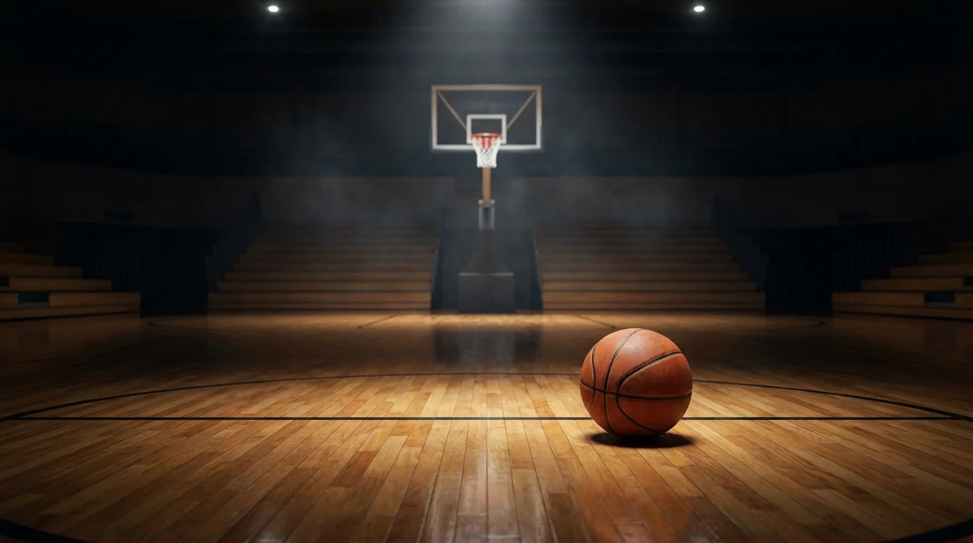 Cancha de baloncesto NBA iluminada con balón naranja sobre la línea de tres puntos