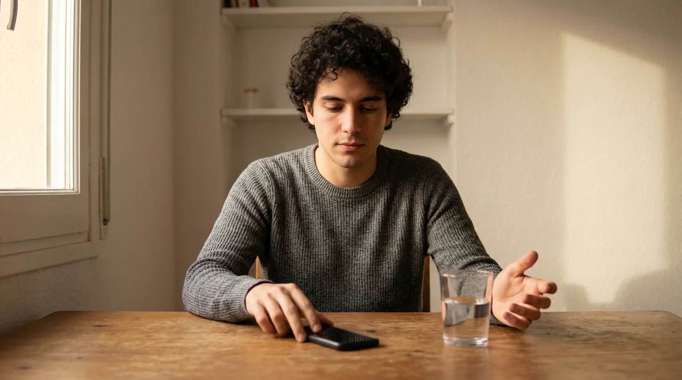 Persona joven apartando el teléfono móvil sobre una mesa de madera, gesto de pausa y reflexión, luz natural cálida